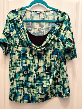 Forever Jade Teal & Black Abstract Cowl Neck Short Sleeve Top